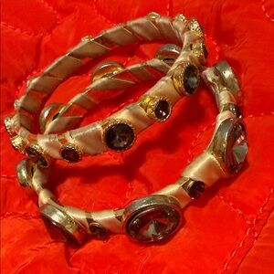 Gold-Tone Bracelet Trio with Pale Pink Ribbon and Crystal Accents